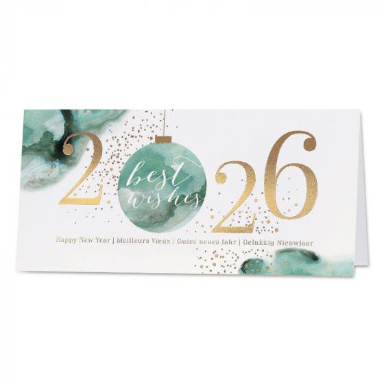 Carte de bonne année 2026 boule de Noël et aquarelle