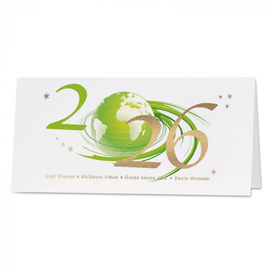Carte de bonne année 2026 globe terrestre vert