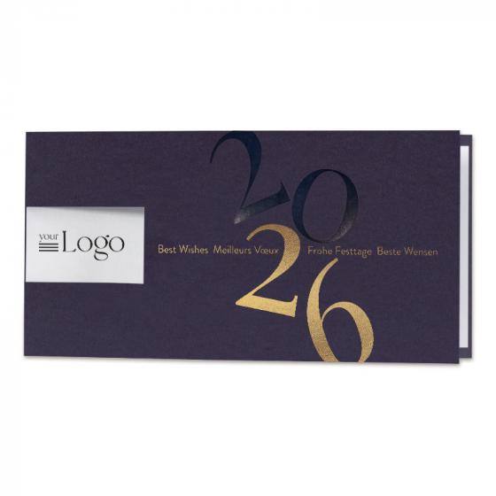 Carte de fin d'année entreprise 2026 d'or et découpe