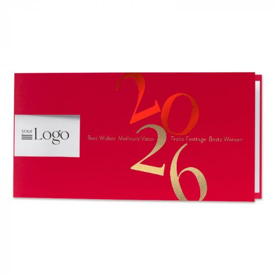Carte de fin d'année société 2026 papier rouge et dorure