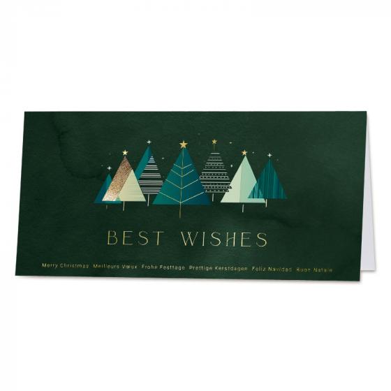 Carte de vœux caritative sapins géométriques et détails or