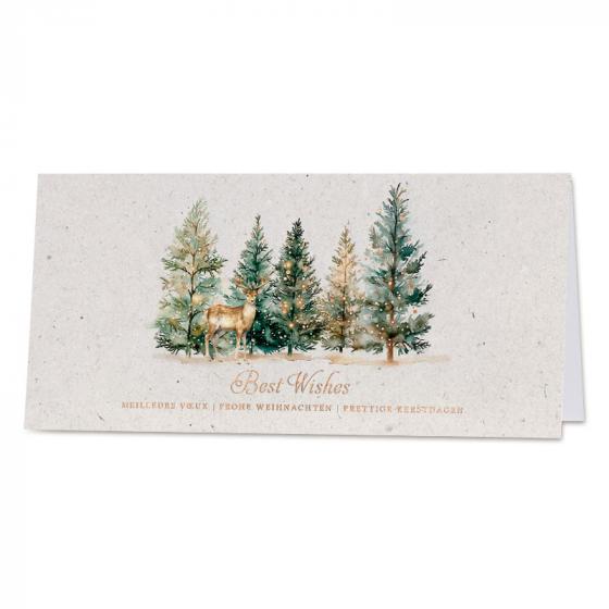 Carte de vœux professionnelle sapins détails dorés et cerf