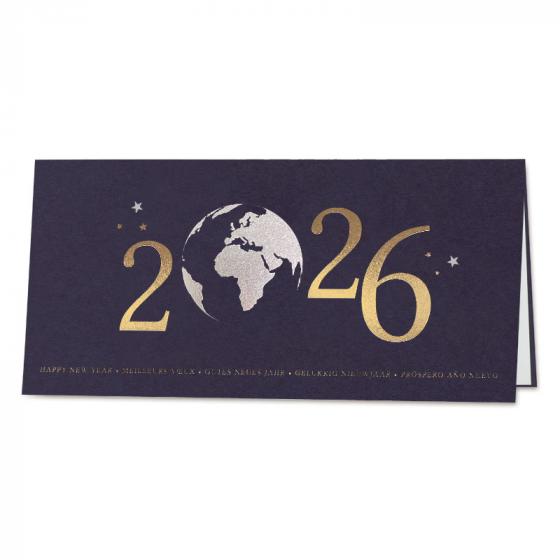 Carte de vœux société 2026 globe et dorure or et argent