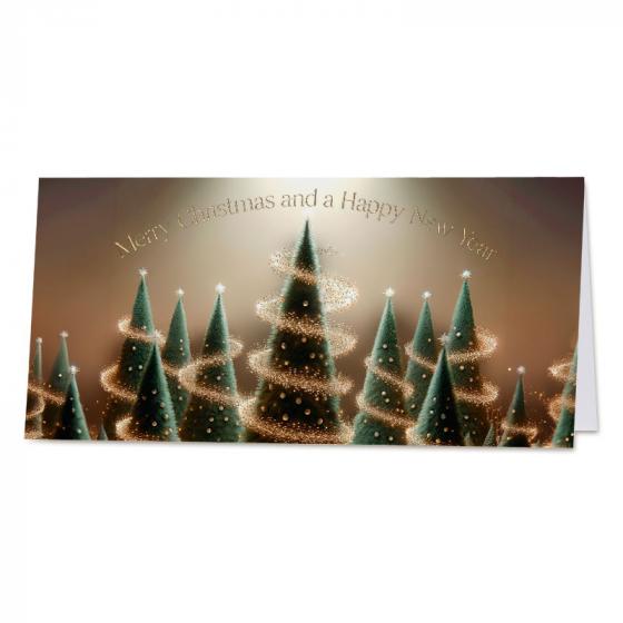 Carte de vœux société sapins verts et motifs dorés