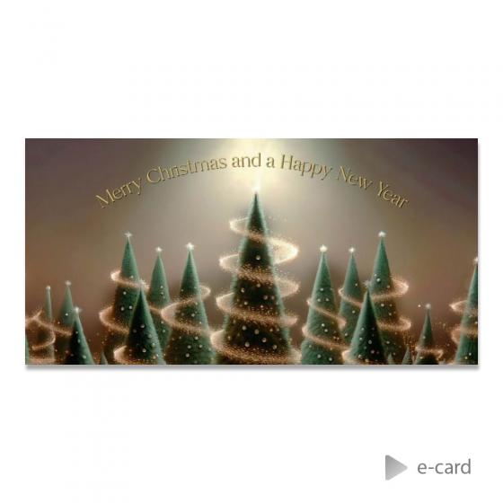 E-card société sapins verts et motifs dorés 