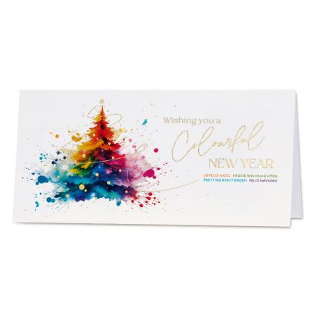 Carte de vœux entreprise sapin de Noël en éclats de couleurs