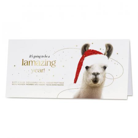 Carte de vœux lama et chapeau de Noël