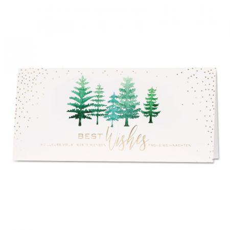 Carte de voeux professionnelle blanche sapins et flocons dorés