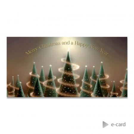 E-card société sapins verts et motifs dorés 